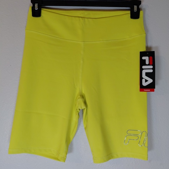 Fila Pants - NWT Fila Women's Fired Up Logo Bike Shorts Large MSRP $32 FW211115 Bright Yellow